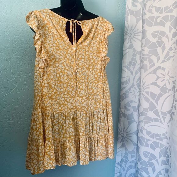 Ivy May Mustard Yellow & White Floral Boho Ruffled Sun Dress Size Small - Picture 7 of 11